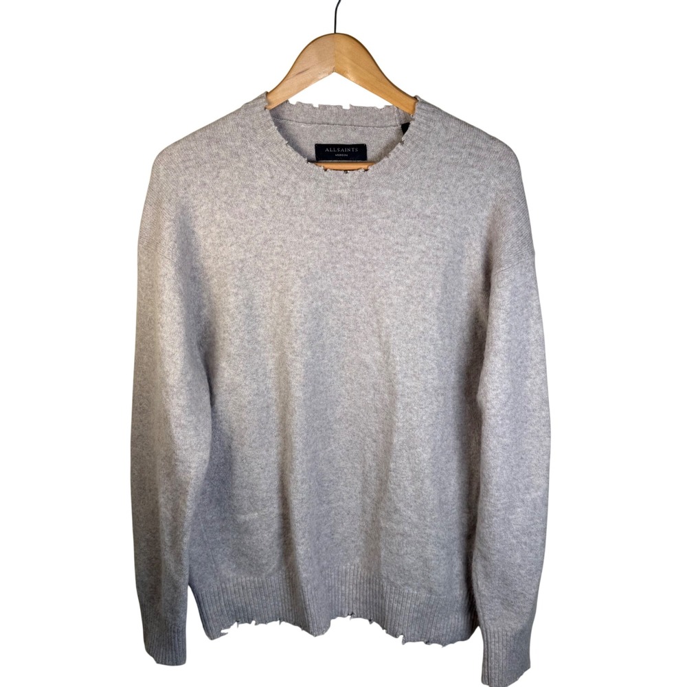 ALLSAINTS Luka Distressed Crew Neck Sweater Men Medium Oatmeal Wool Blend Grunge